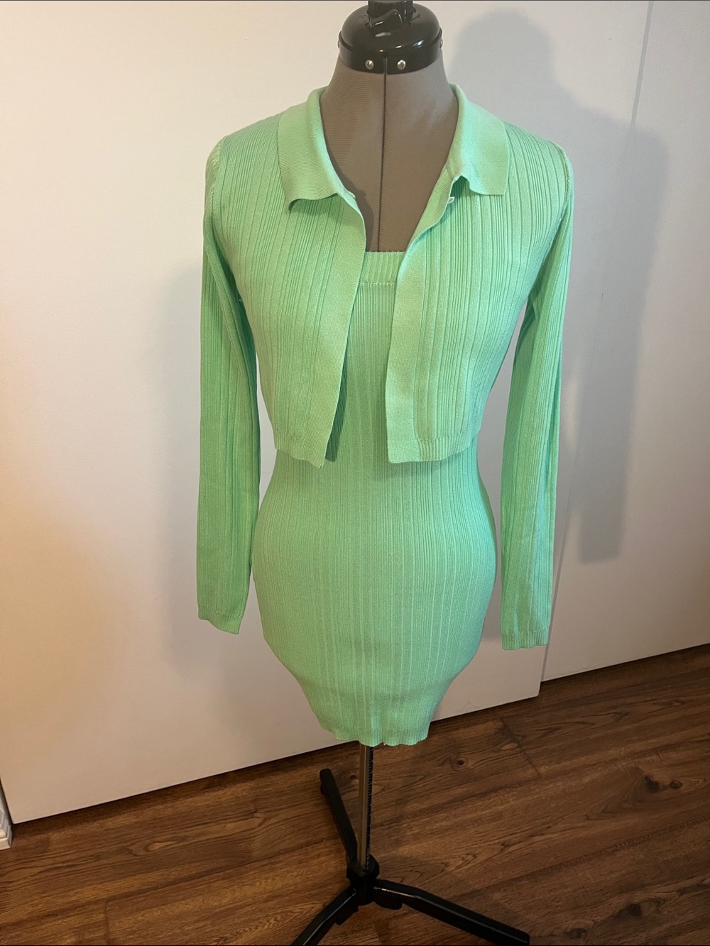 Mint Green Ribbed Knit Mini Dress with Matching Crop Cardigan